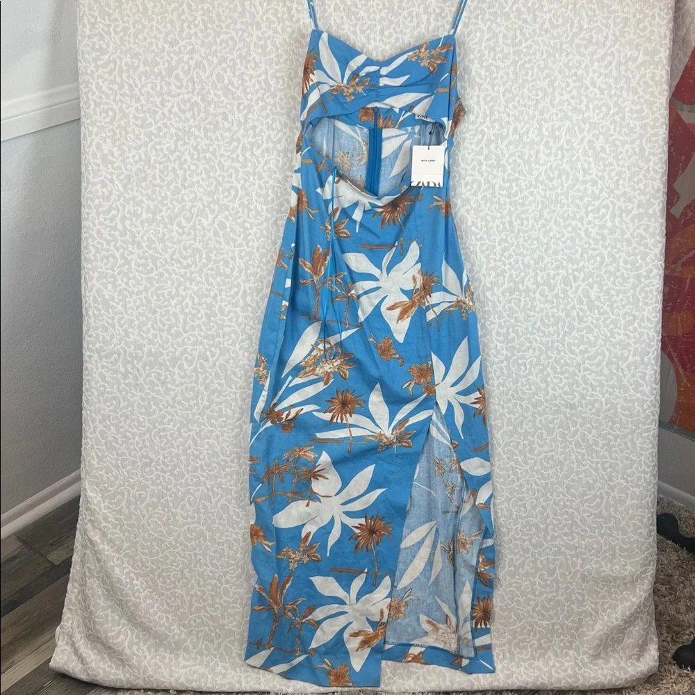 ZARA BLUE LINEN BLEND FLORAL PRINTED MIDI DRESS WITH CUT-OUT DETAIL Sz. XS NEW
